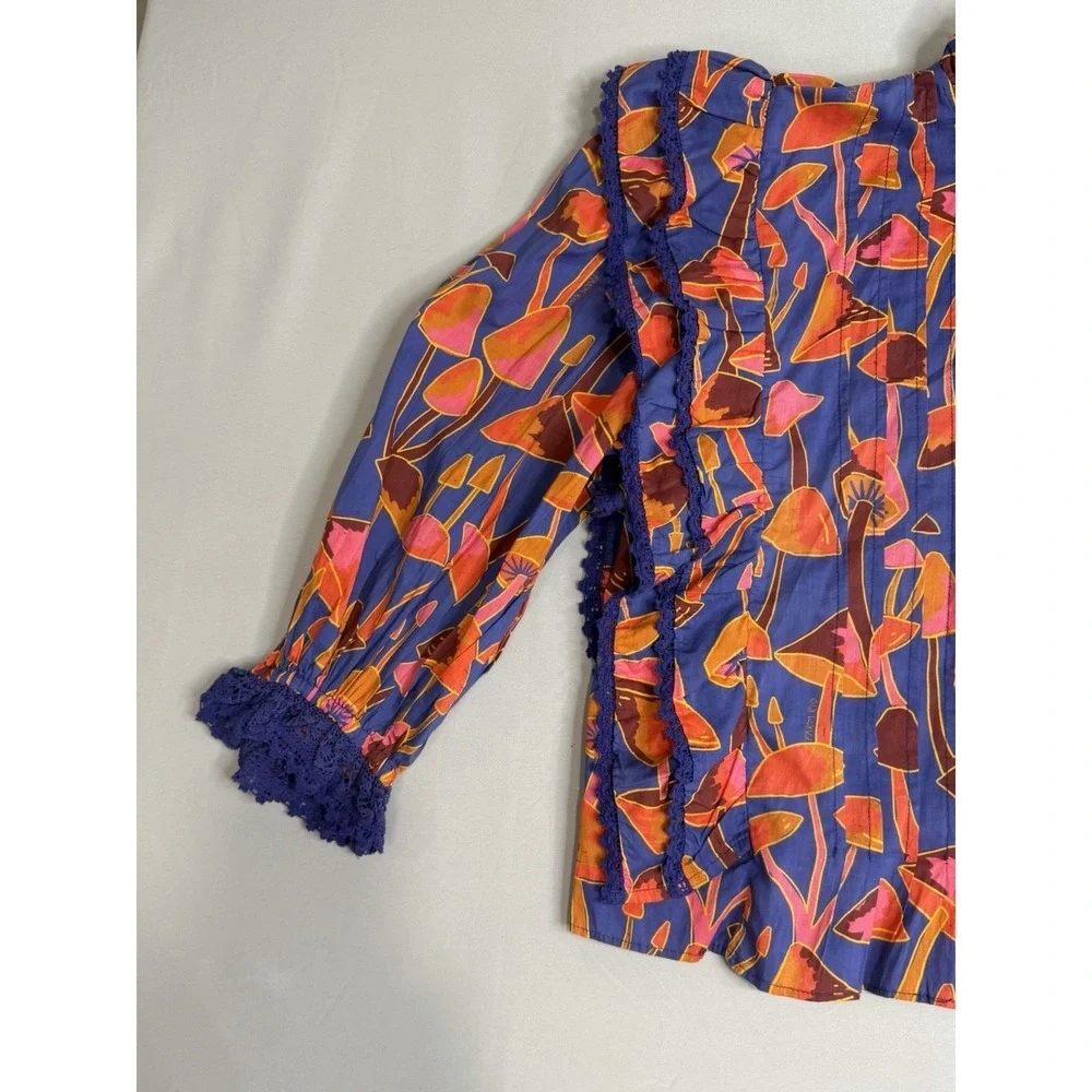 Farm Rio Bright Blue Mushroom Sketch Blouse Buttons M NEW Statement
